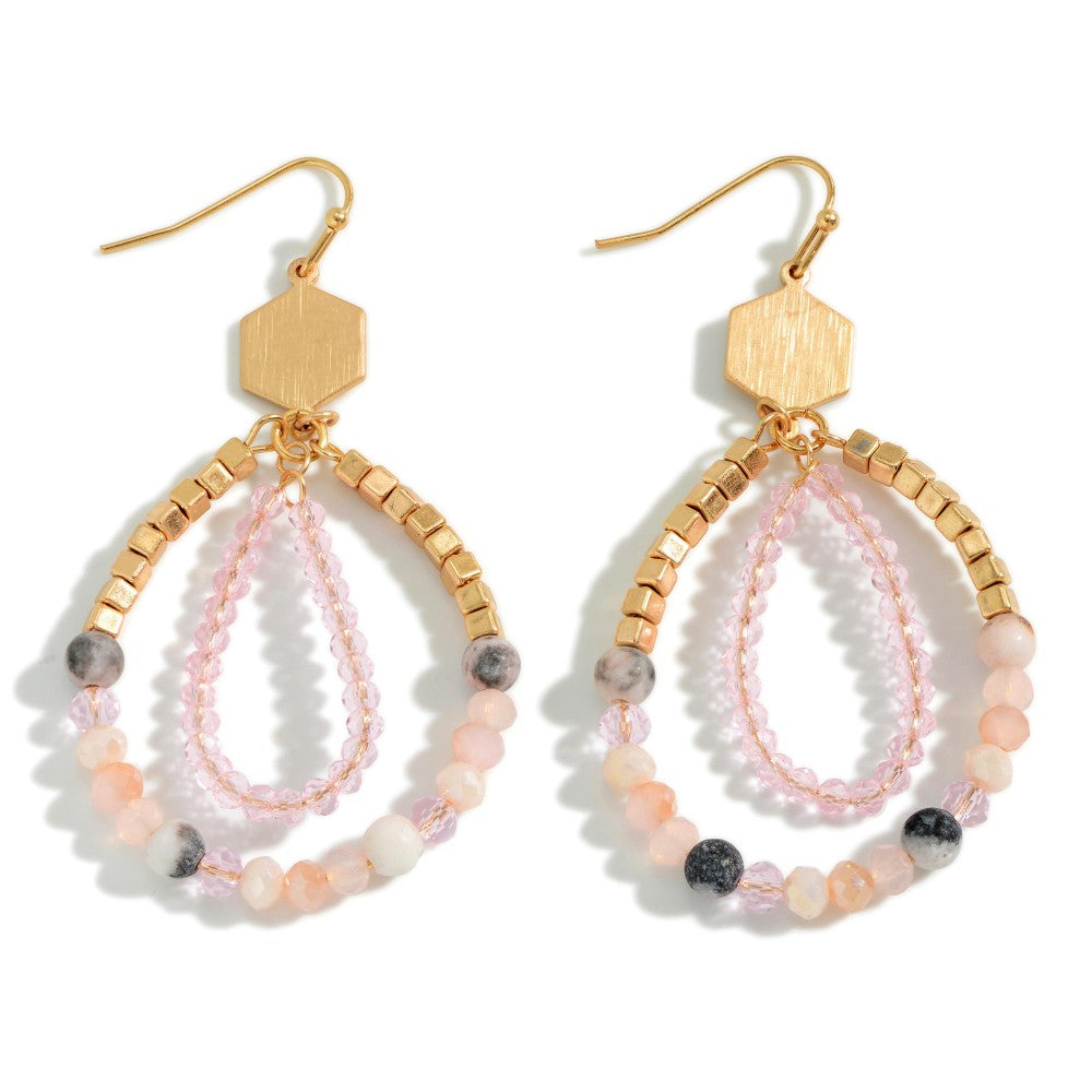 1057- Pink Beaded Teardrop Earrings w/ Stones Detail