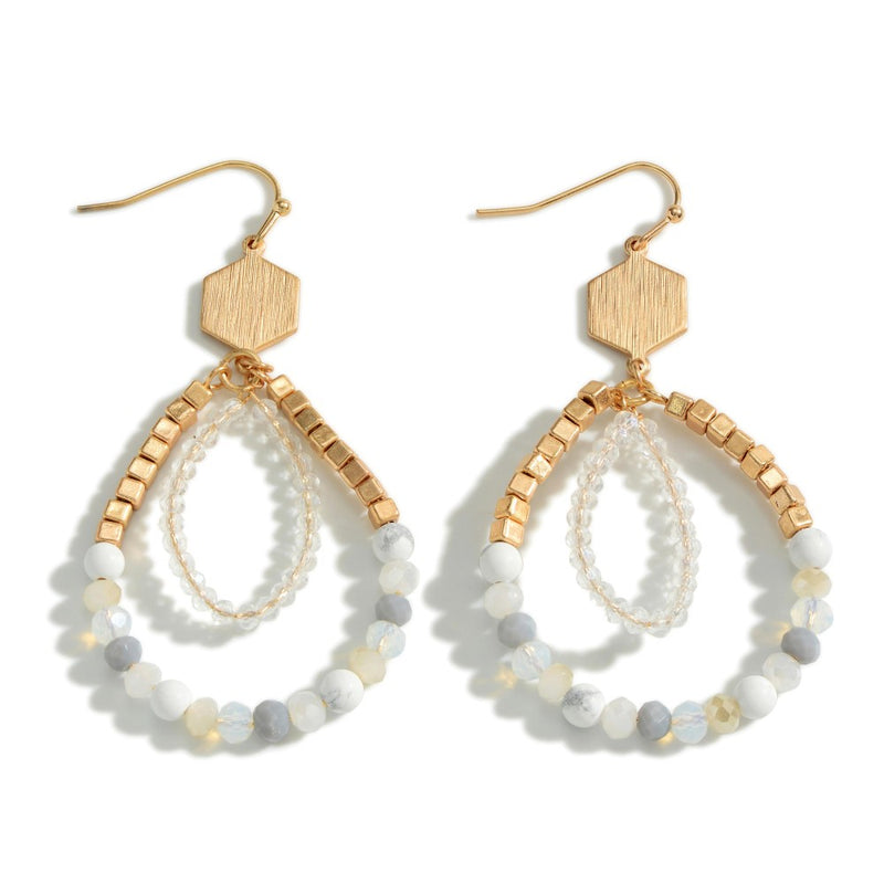 1703- White Beaded Teardrop Earrings Featuring Semi Precious Stones