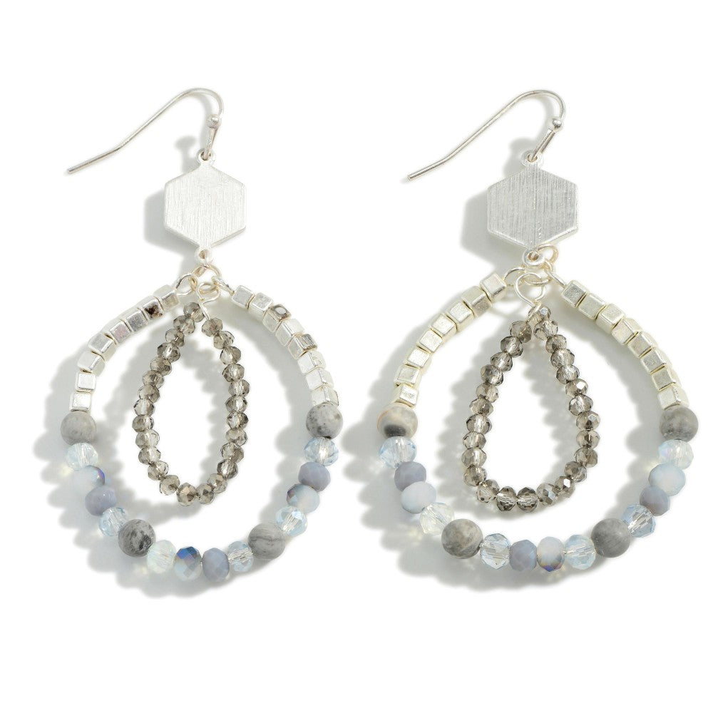 1059- Grey Beaded Teardrop Earrings w/ Stone Detail