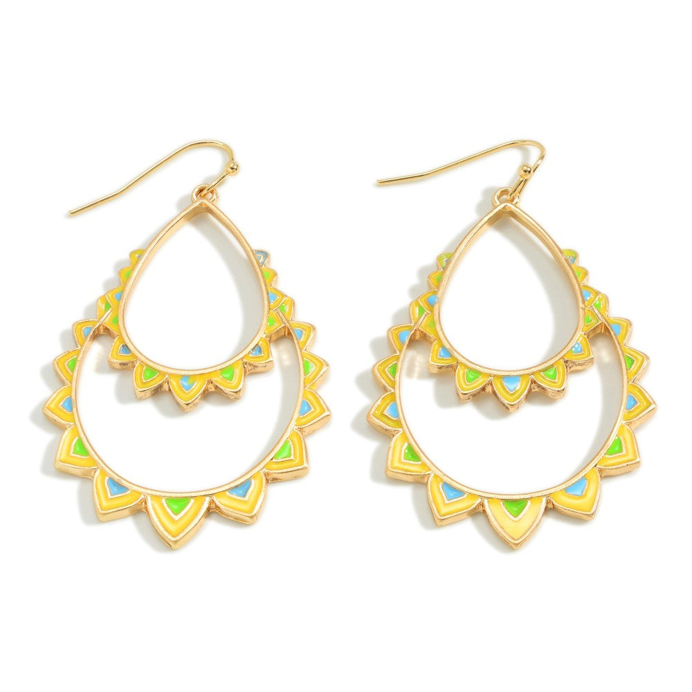 1706- Yellow Gold Tone Teardrop Earrings With Enameled Scallop Design