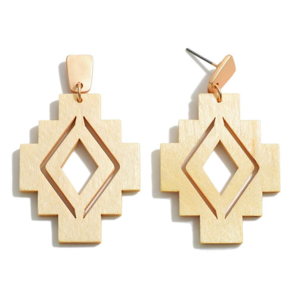 1708- Ivory Wooden Aztec Drop Earrings With Gold Accents