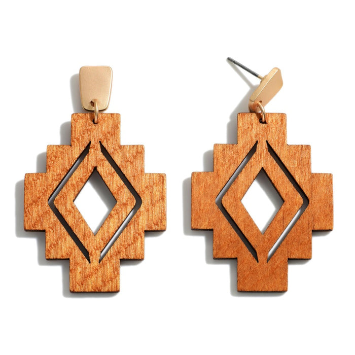 1710- Brown Wooden Aztec Drop Earrings With Gold Accents