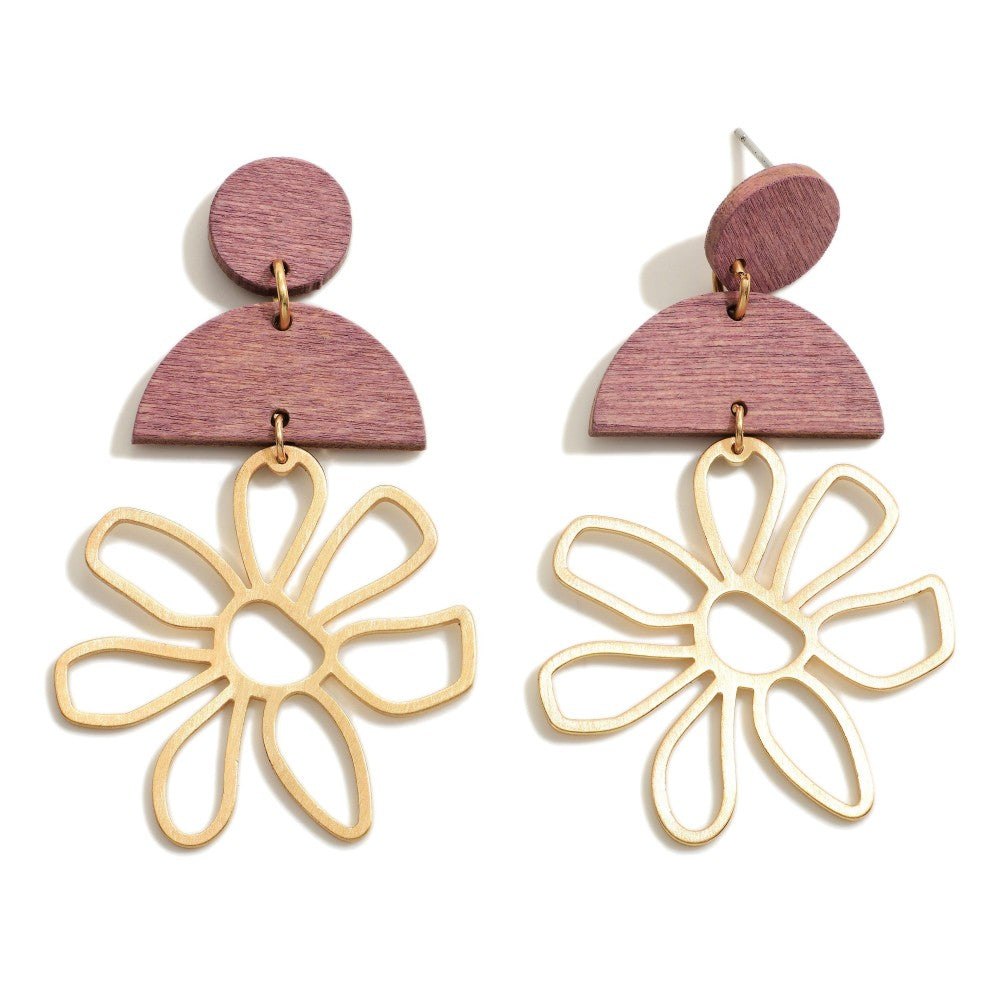 6106- Dark Pink Gold Tone Metal Flower Drop Earrings w/ Wooden Accents