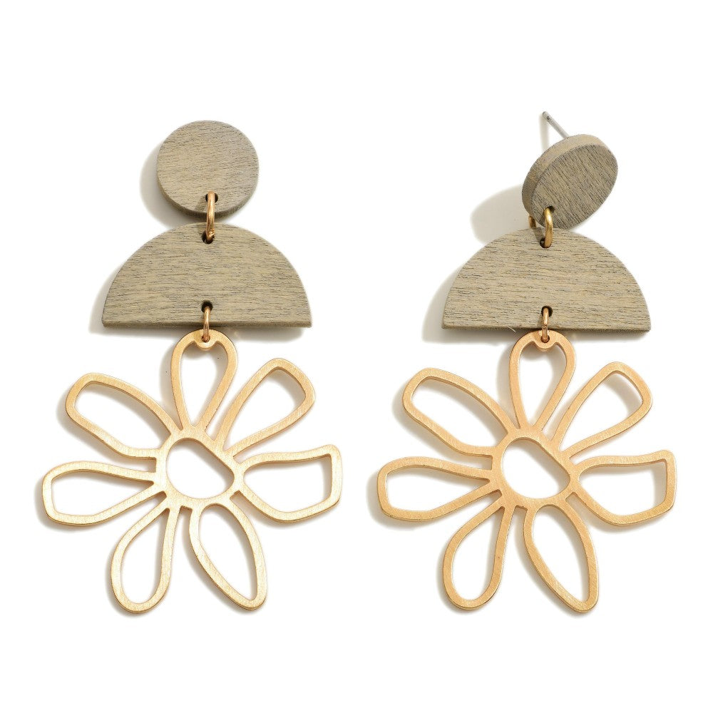 6108- Gray Gold Tone Metal Flower Drop Earrings w/ Wooden Accents