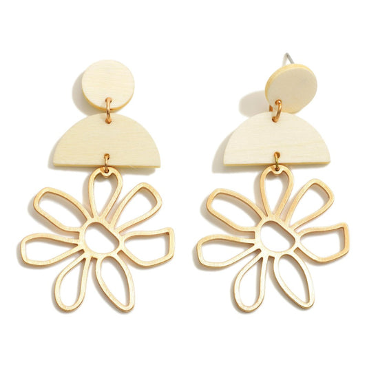 6107- Ivory Gold Tone Metal Flower Drop Earrings w/ Wooden Accents