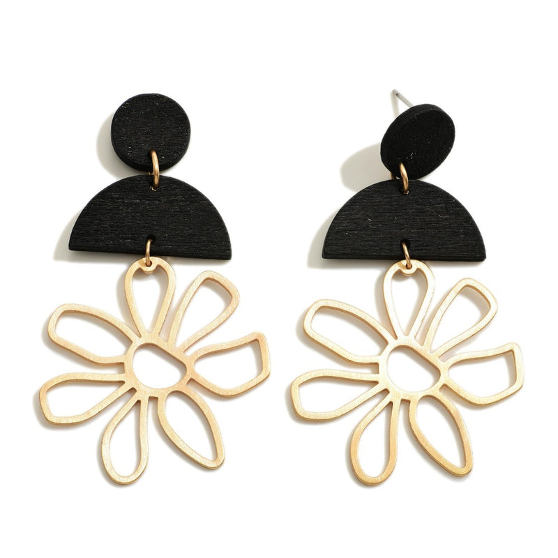 6109- Jet Gold Tone Metal Flower Drop Earrings w/ Wooden Accents