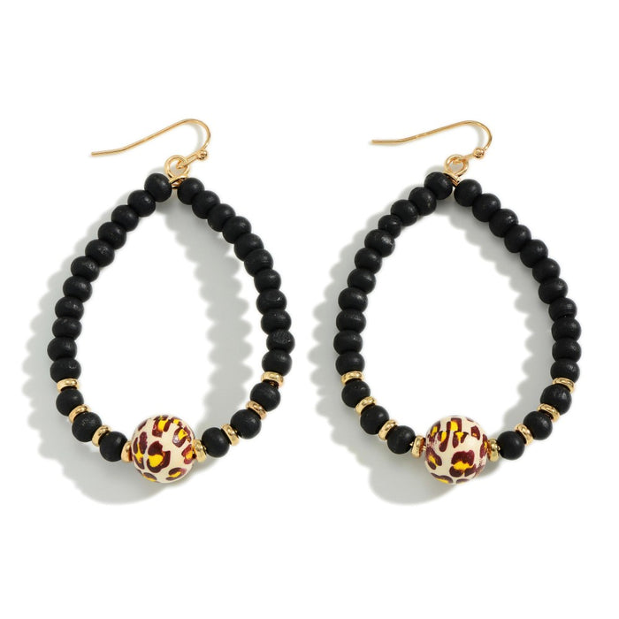 1529- Black Painted Wood Teardrop Beaded Earrings With Animal Print Bead