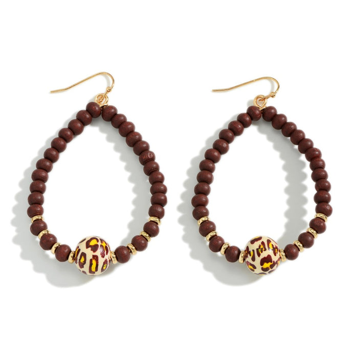 1530- Brown Painted Wood Teardrop Beaded Earrings With Animal Print Bead