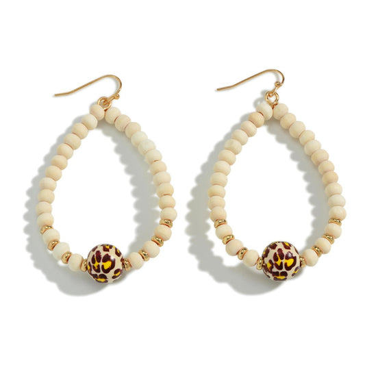 1531- Ivory Painted Wood Teardrop Beaded Earrings With Animal Print Bead