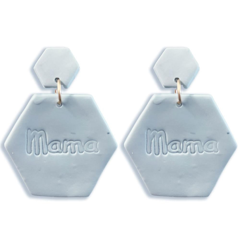 1536- Blue Polymer Clay Hexagonal Drop Earrings Featuring 'Mama'