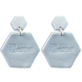 1536- Blue Polymer Clay Hexagonal Drop Earrings Featuring 'Mama'