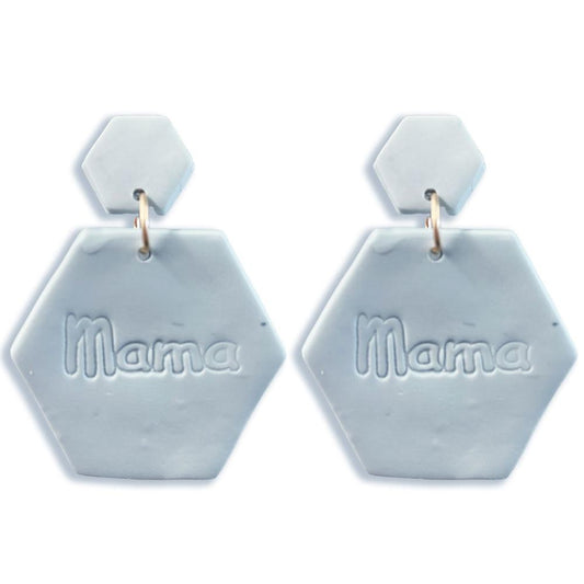 1536- Blue Polymer Clay Hexagonal Drop Earrings Featuring 'Mama'