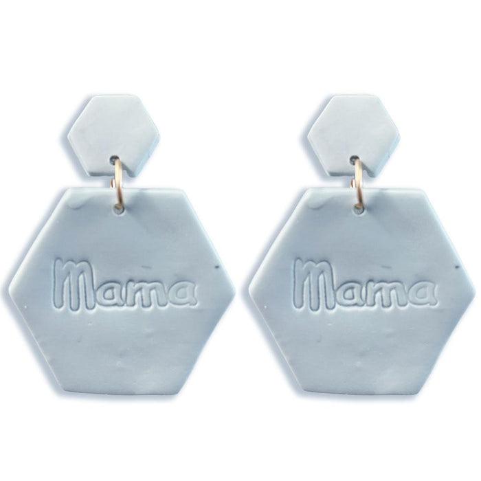 1536- Blue Polymer Clay Hexagonal Drop Earrings Featuring 'Mama'