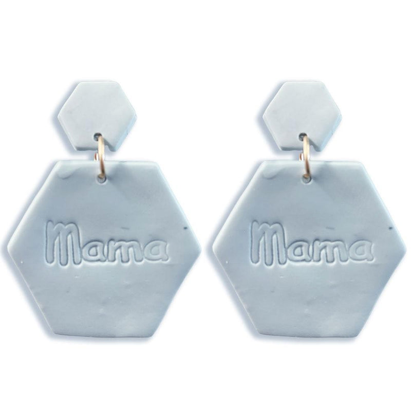 1536- Blue Polymer Clay Hexagonal Drop Earrings Featuring 'Mama'