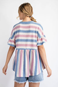 6138- Pink & Blue Stripe Flutter Sleeve Top w/ Button Detail