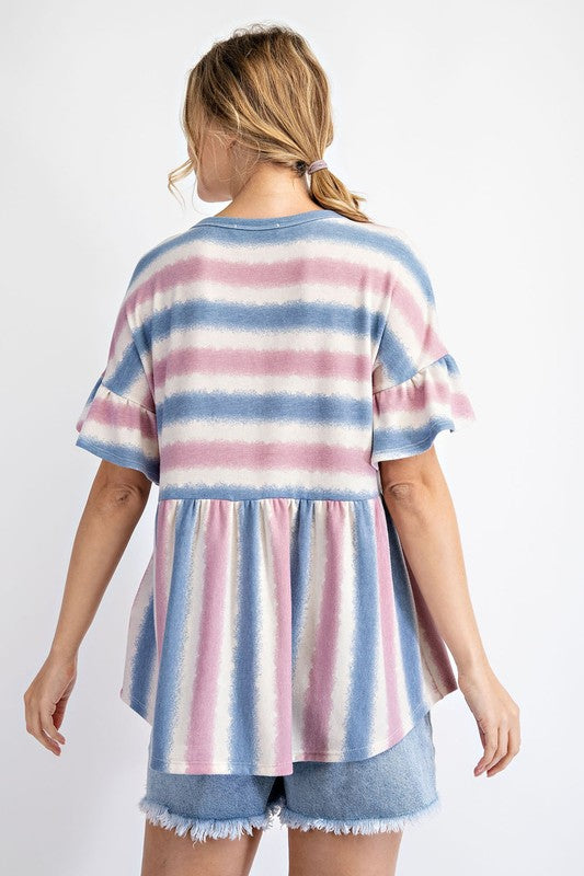 6138- Pink & Blue Stripe Flutter Sleeve Top w/ Button Detail