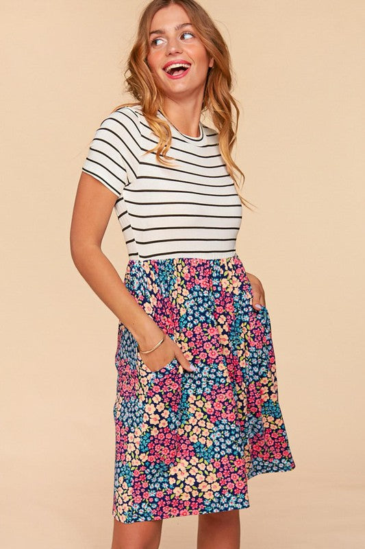 1208- Ivory Stripe w/ Navy Floral Print