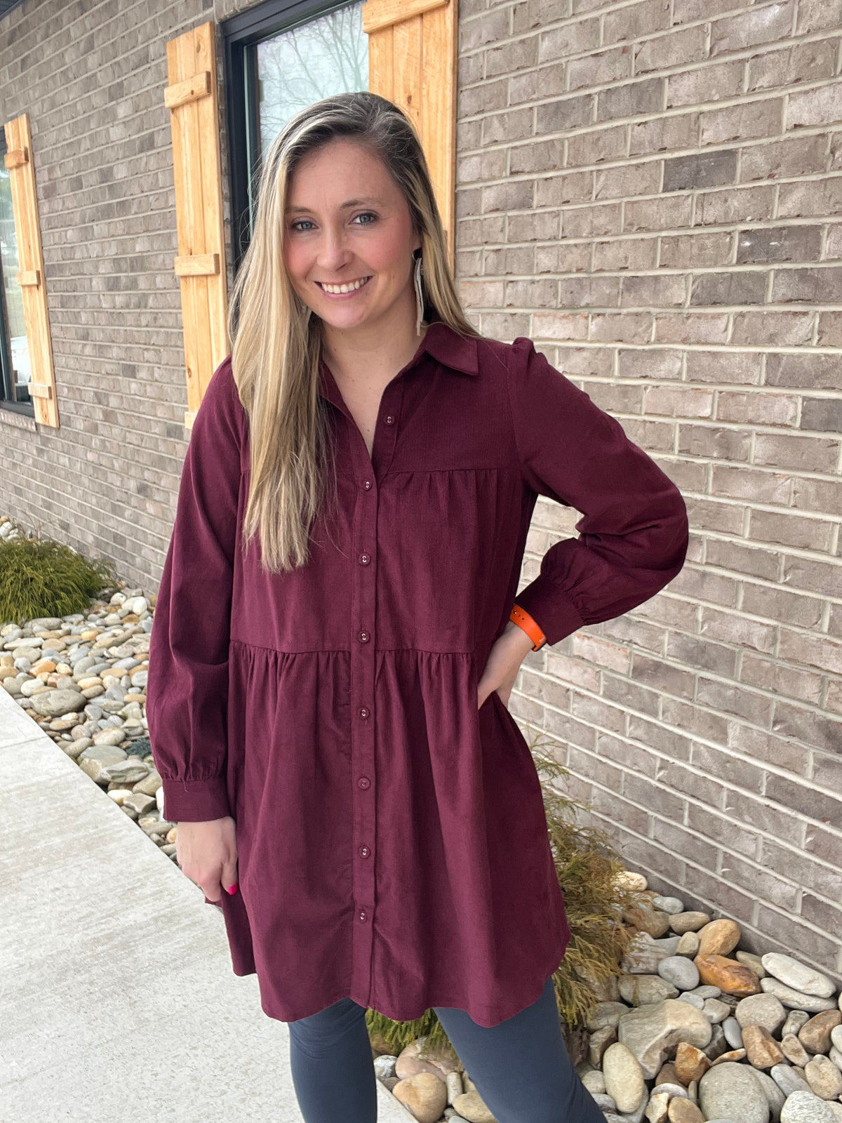 7403- Wine Corduroy Button Down Tier Dress