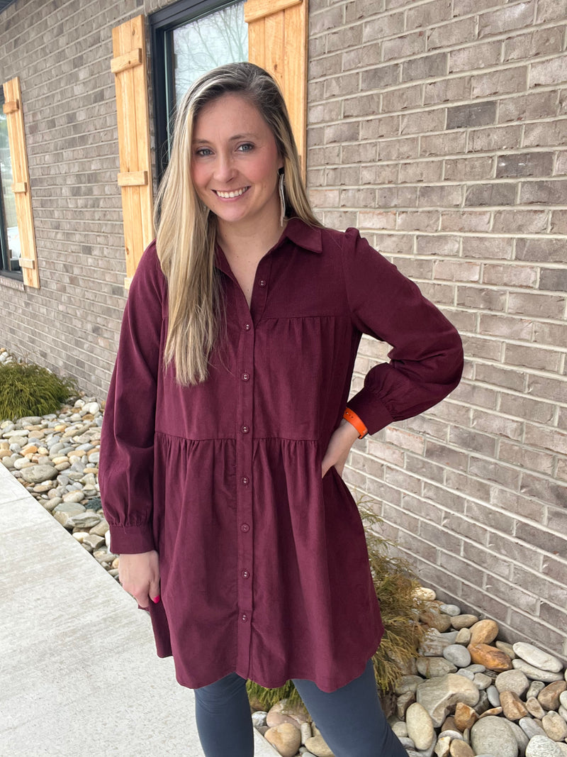 7403- Wine Corduroy Button Down Tier Dress