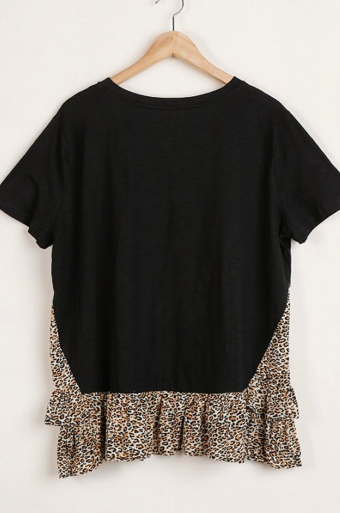 900- Umgee Black Top with Animal Print Base Detail