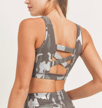 1168- Mono B Silver Foil Camo Criss-Cross Strap Sports Bra