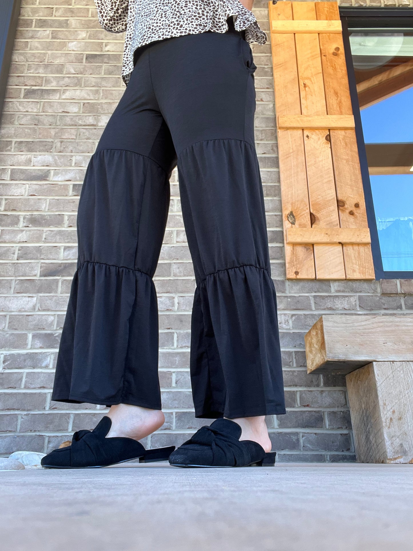 7053- Black Tier Ruffle Wide Leg Pants