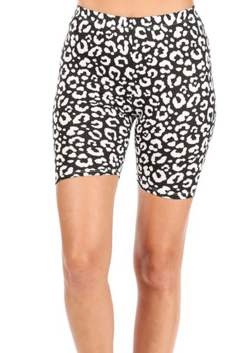 1411- Black/White Leopard Biker Shorts