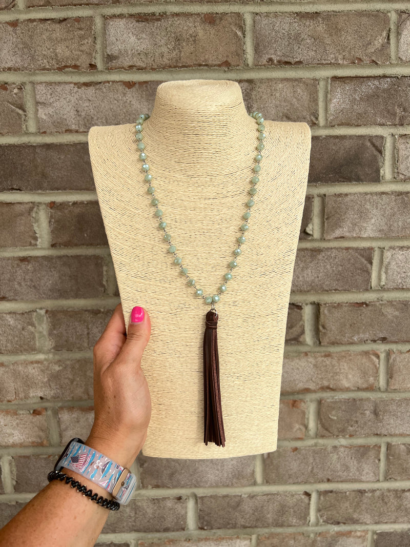 6257- Sage Beaded Necklace w/ Brown Suede Tassel