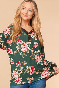 1819- Hunter Green Floral Print Button Down Top