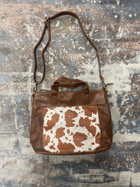 276- Brown Faux Cow Hide Pocket Tote Bag