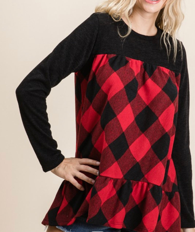 1678- Buffalo plaid Peplum Top