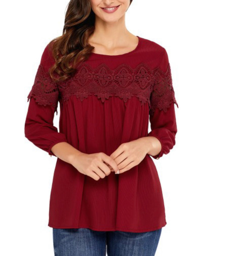 1436- Wine Crochet Detail Long Sleeve Babydoll Top