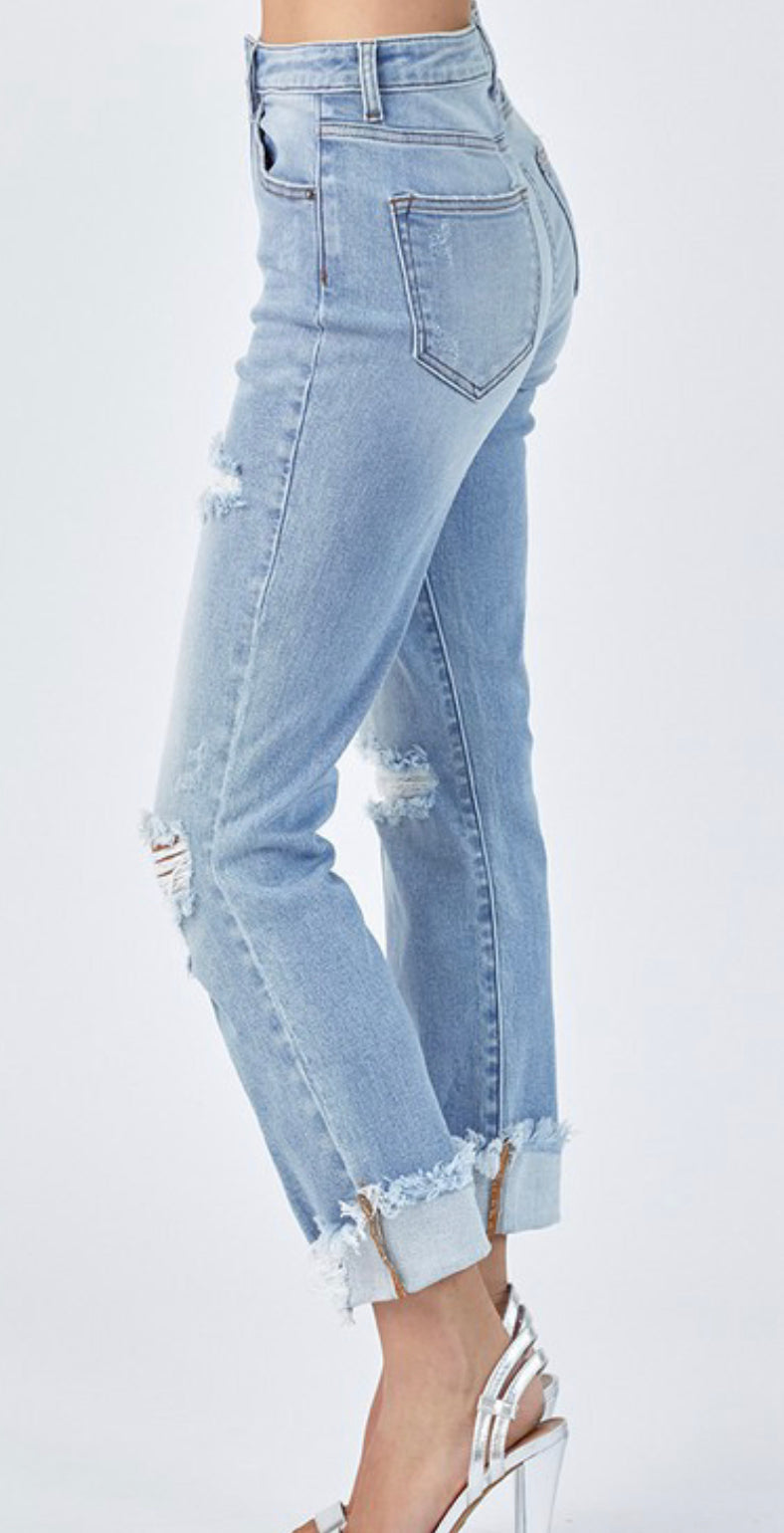 1559- Distressed Boyfriend Light Wash Jeans w/ Cuffed Hem