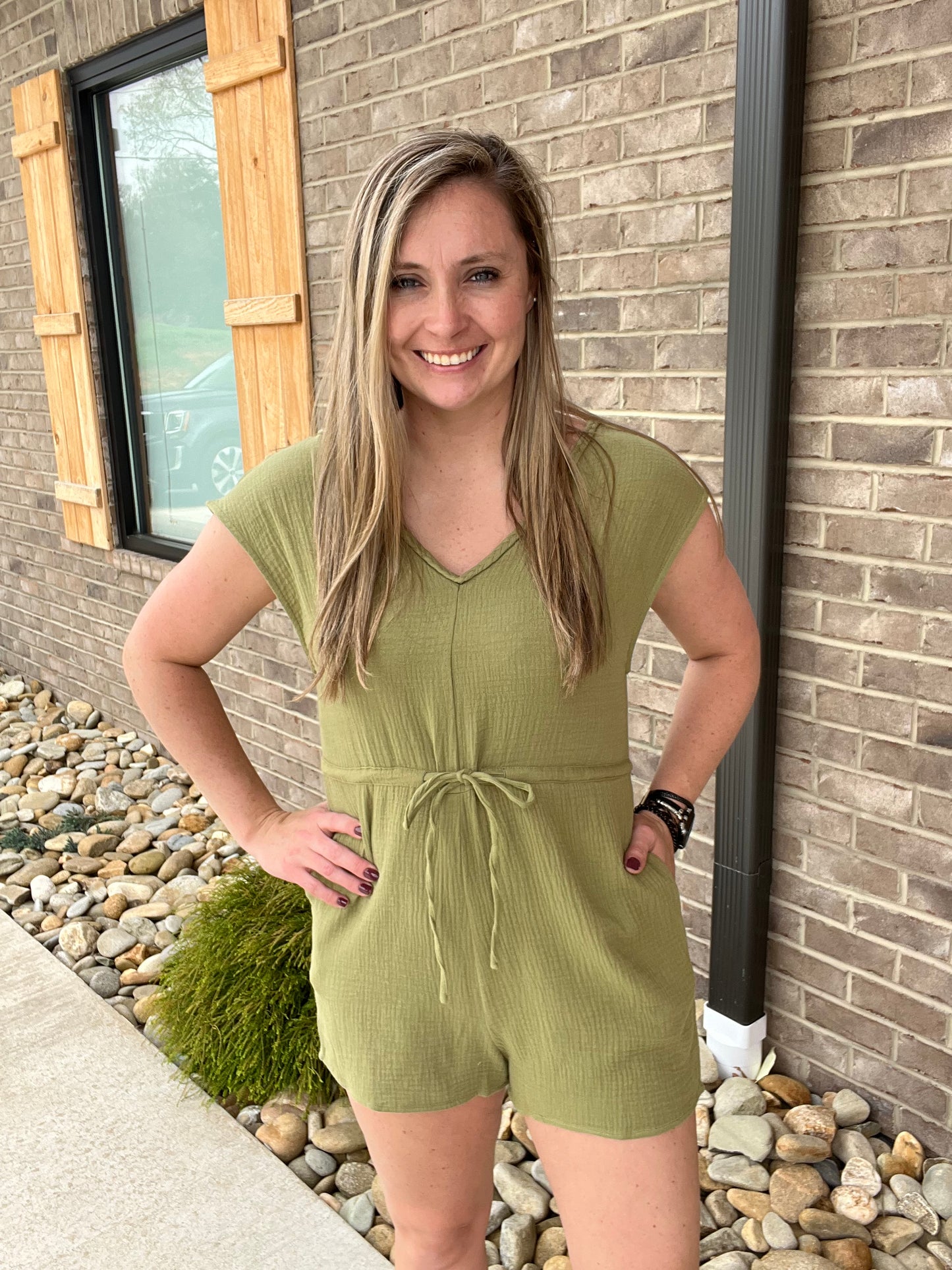 7856- Olive Short Sleeve Romper w/ Pockets