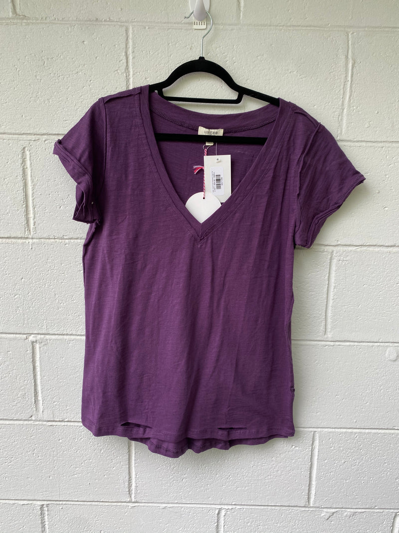 1208- Umgee Purple Distressed V-Neck Top