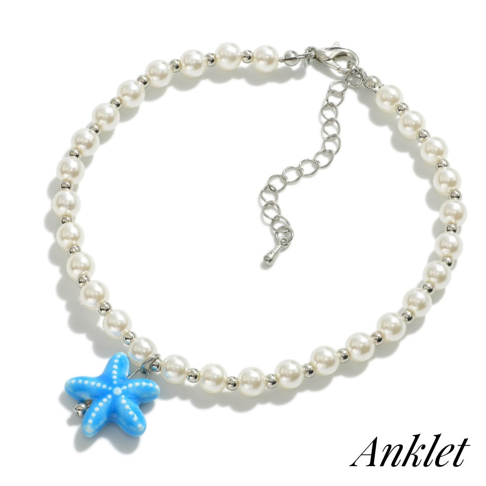 6098- Pearl Beaded Anklet With Starfish Charm