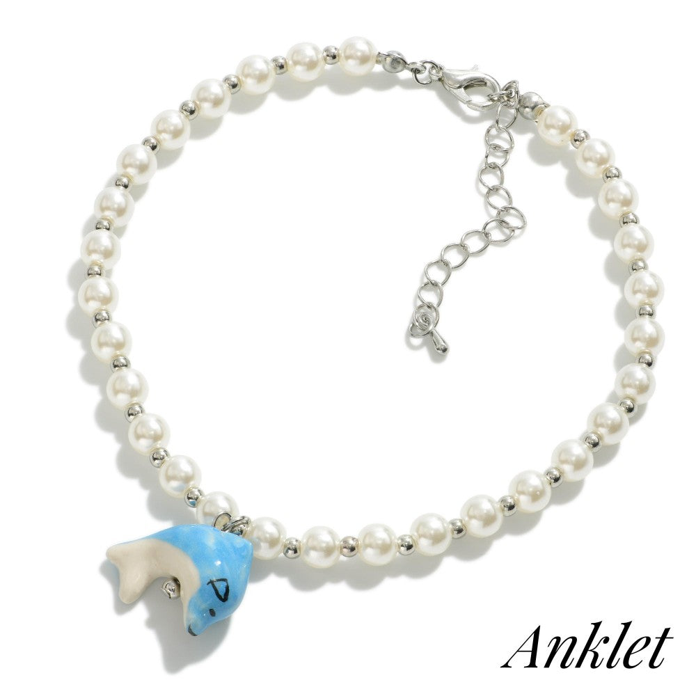 6099- Pearl Beaded Anklet With Dolphin Charm