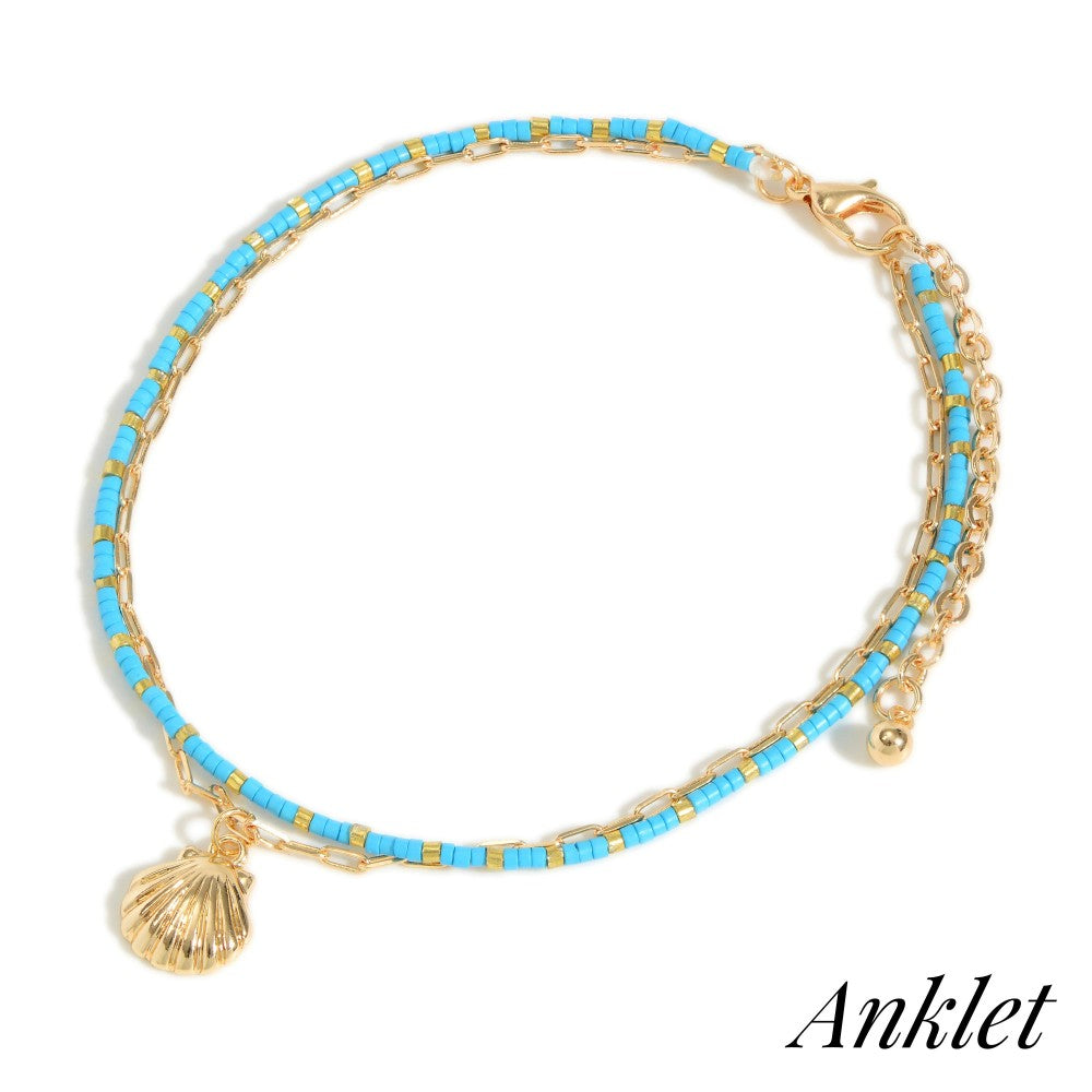 6103- Gold & Turquoise Chain Link and Beaded Anklets With Seashell Charm [set of 2]