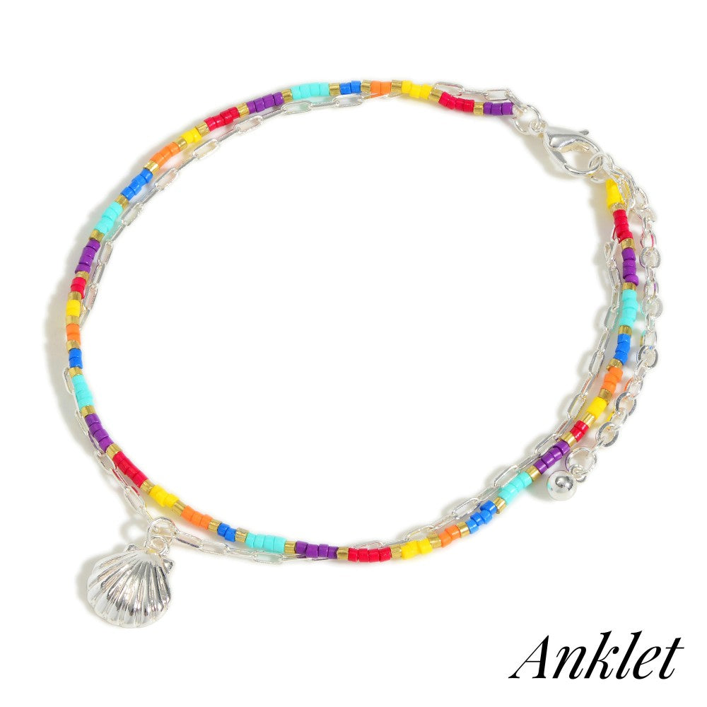 6104- Multi Color Chain Link and Beaded Anklets With Seashell Charm [set of 2]