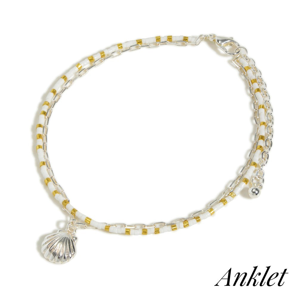 6105- White Chain Link and Beaded Anklets With Seashell Charm