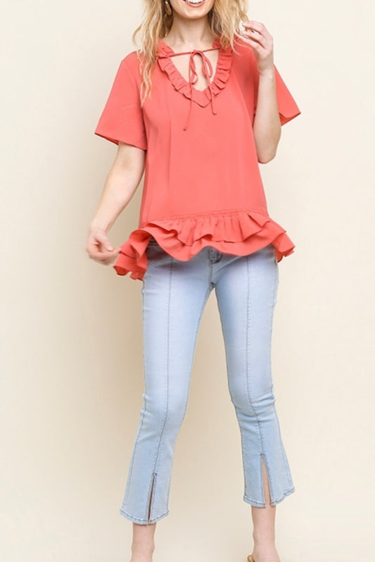 1391- Umgee Coral Ruffle V-Neck Top