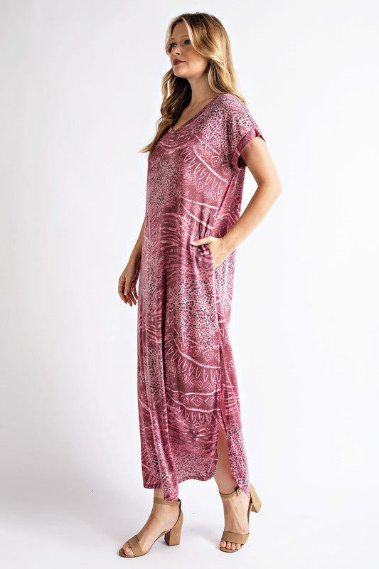 6137- Burgundy Mixed Animal Print Maxi Dress w/ Pockets