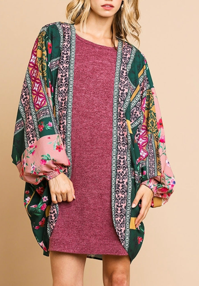 1392- Umgee Dark Green Scarf Print Open Kimono