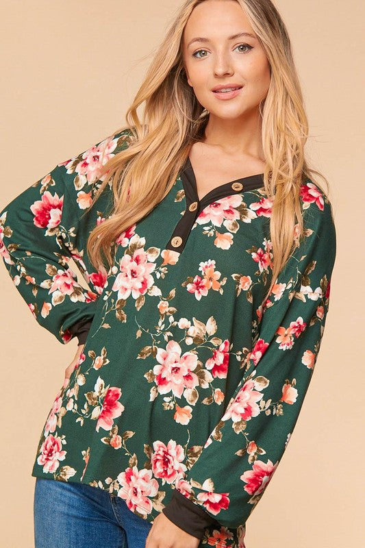 1819- Hunter Green Floral Print Button Down Top