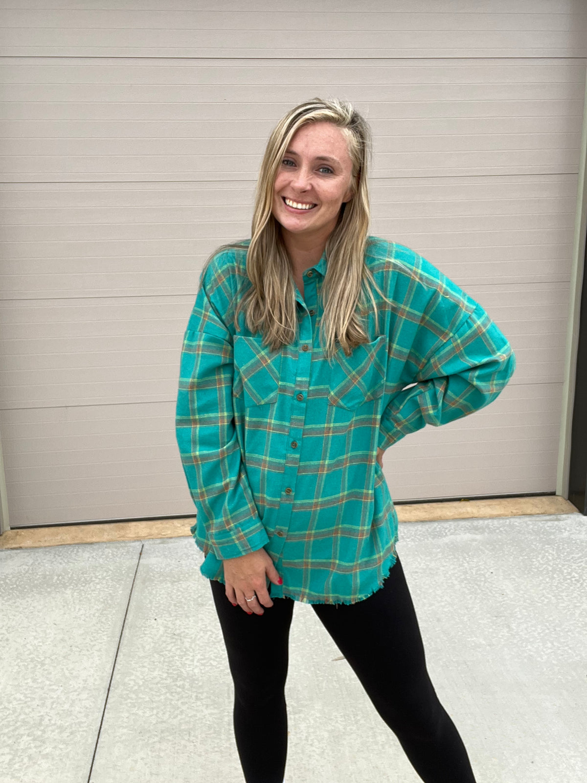 6911- Turquoise Plaid Button Down Flannel