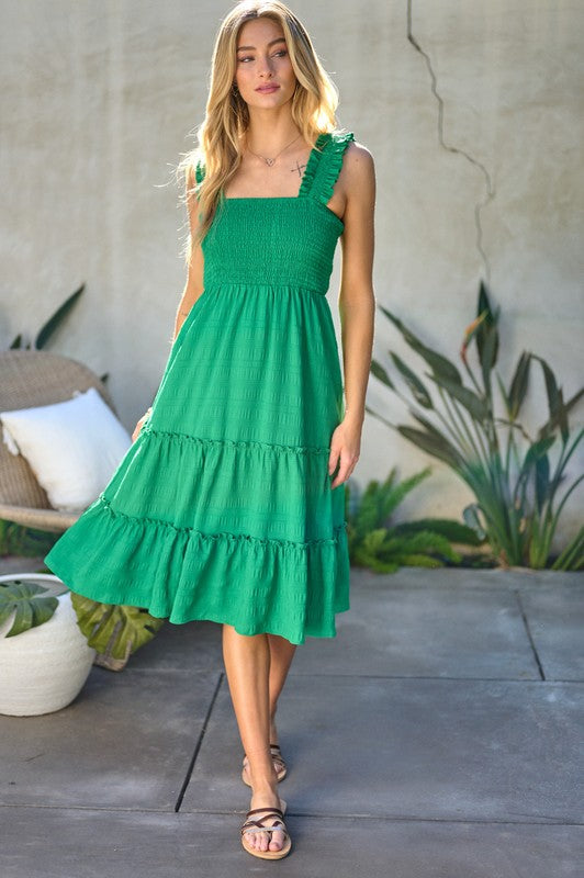 1094- Kelly Green Smocked Sleeveless Ruffle Midi Dress