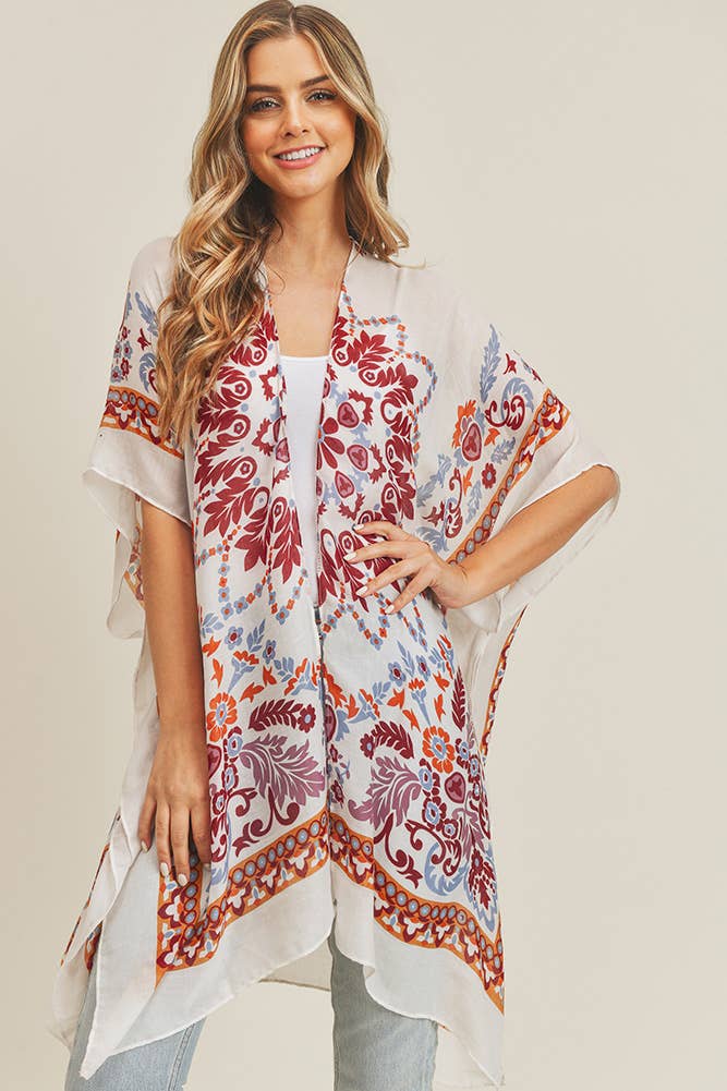 7926- Beige & Burgundy Bohemian Print Kimono