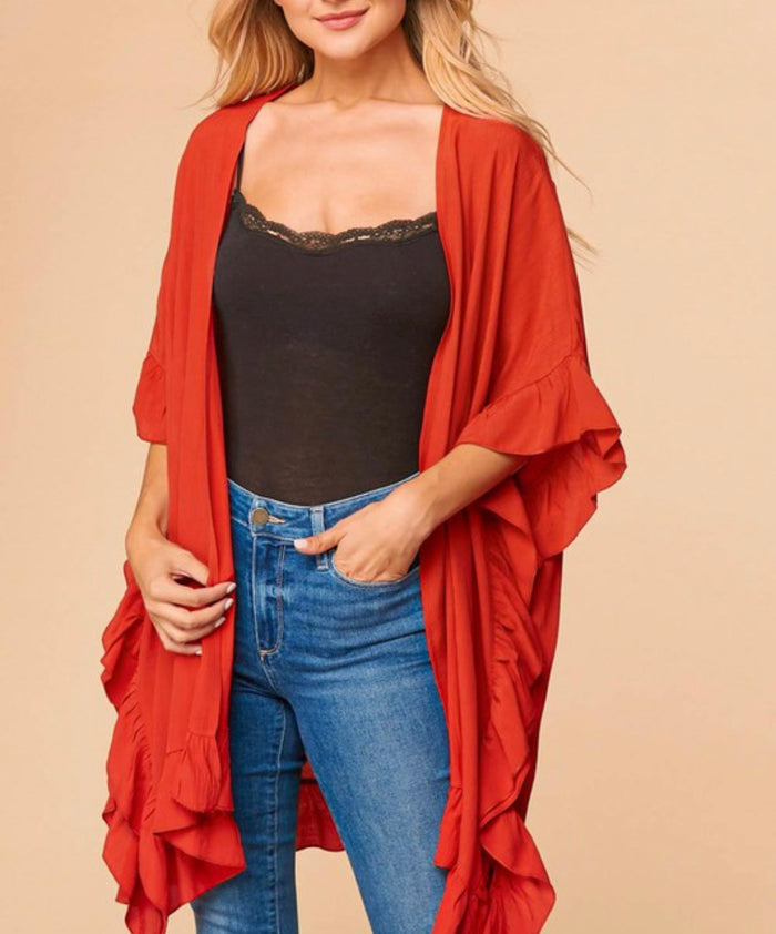 1646- Rust Ruffle Hem Dolman Kimono