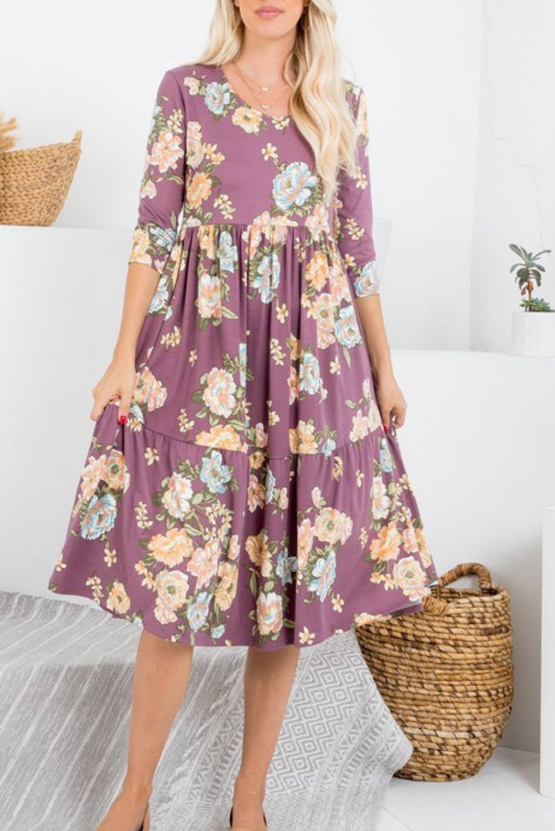 1624- Lavender Floral Midi Tiered Dress