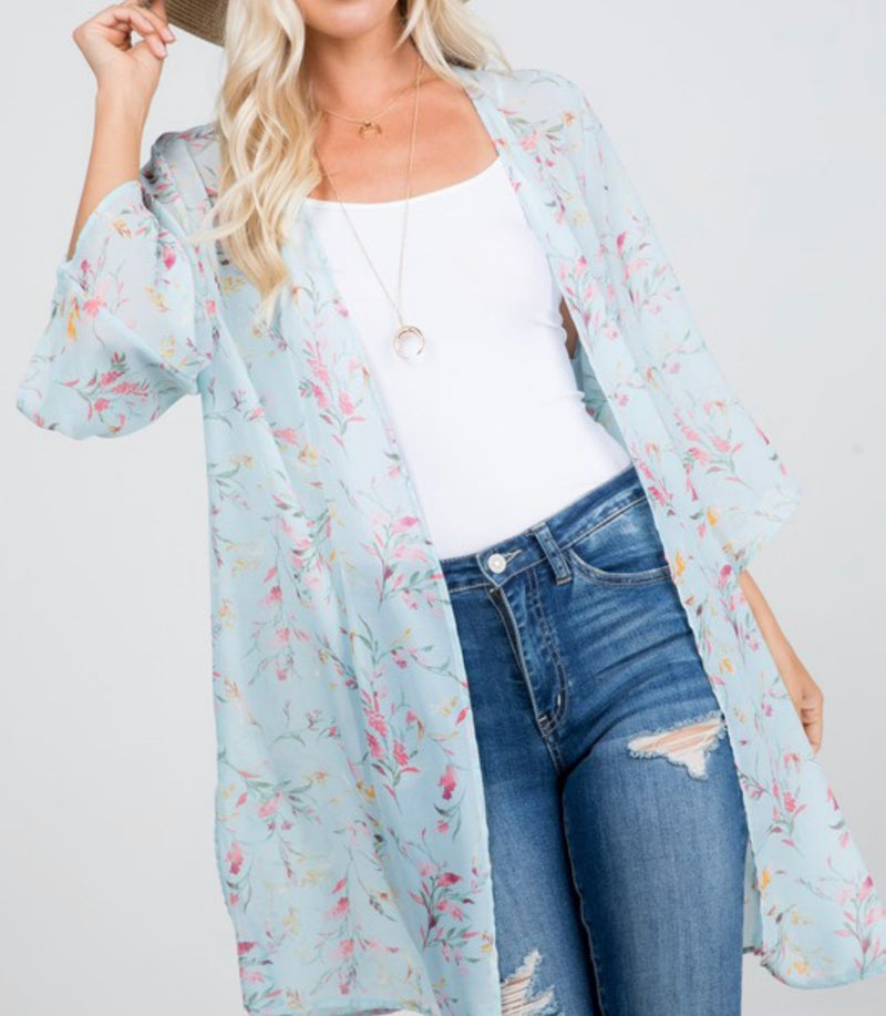 1185- Powder Blue w/ Pink & Yellow Floral Kimono